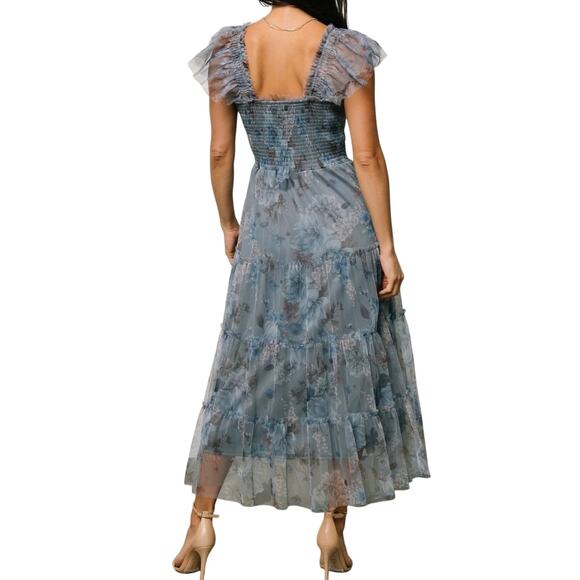 Baltic Born Clementine Blue Floral Midi Bohemian Smocked Tulle Dress - Picture 4 of 14